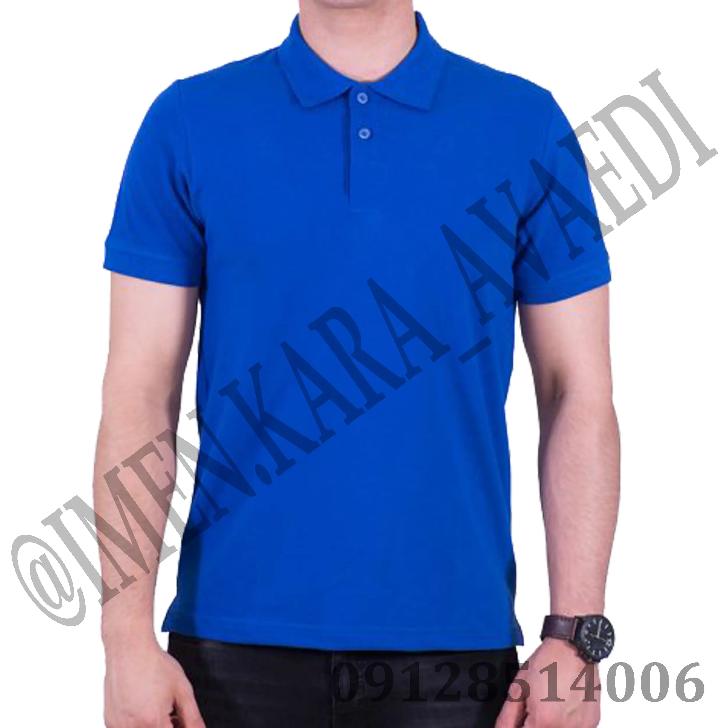 تی شرت کار یقه دار دکمه ایی آبی کاربنی