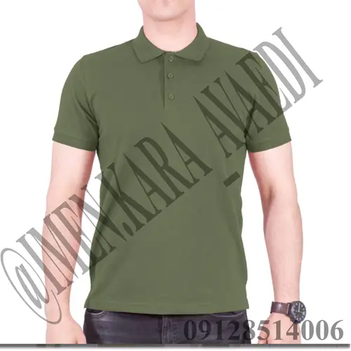 تی شرت کار یقه دار دکمه ای سبز یشمی